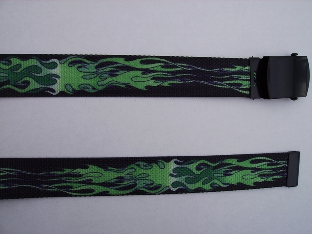 FLAMES GREEN - High Quality U.S. Made Cotton/Polyester Non-Stretching Material with Solid Belt Buckle. These will fit all size waists from 8" up to 48" by un-clamping Buckle and cutting off extra material on non-metal end. Then just re-clamp Material. BELT-UA220N48FLGN
