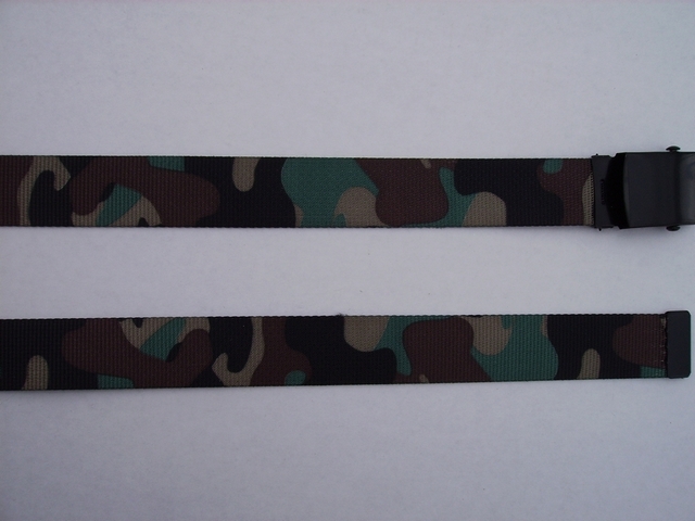 DESERT CAMOFLAGE - High Quality U.S. Made Cotton/Polyester Non-Stretching Material with Solid Belt Buckle. These will fit all size waists from 8" up to 48" by un-clamping Buckle and cutting off extra material on non-metal end. Then just re-clamp Material. BELTS-UA250K48DESE