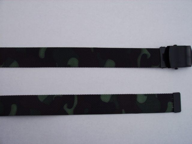 WOODLAND CAMOUFLAGE - High Quality U.S. Made Cotton/Polyester Non-Stretching Material with Solid Belt Buckle. These will fit all size waists from 8" up to 48" by un-clamping Buckle and cutting off extra material on non-metal end. Then just re-clamp Material. BELT-UB250K48WOOD