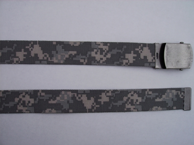 CAMOFLAGE - High Quality U.S. Made Cotton/Polyester Non-Stretching Material with Solid Belt Buckle. These will fit all size waists from 8" up to 48" by un-clamping Buckle and cutting off extra material on non-metal end. Then just re-clamp Material. BELT-UC260N48DGDE