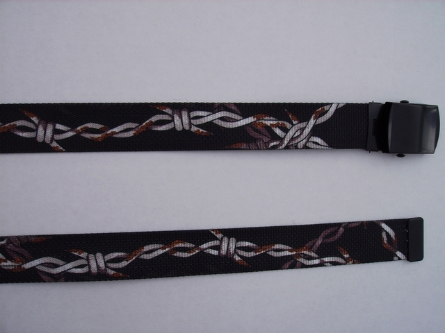 RUSTED BARBWIRE - High Quality U.S. Made Cotton/Polyester Non-Stretching Material with Solid Belt Buckle. These will fit all size waists from 8" up to 48" by un-clamping Buckle and cutting off extra material on non-metal end. Then just re-clamp Material. BELT-UA220N48BWRU