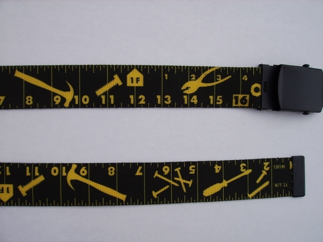 HANDTOOLS GOLD COLOR ON BLACK. PLIERS, SCREWDRIVERS, BOLTS AND SCREWS BELT - High Quality U.S. Made Cotton/Polyester Non-Stretching Material with Solid Belt Buckle. These will fit all size waists from 8" up to 48" by un-clamping Buckle and cutting off extra material on non-metal end. Then just re-clamp Material. UA220N48HTBK