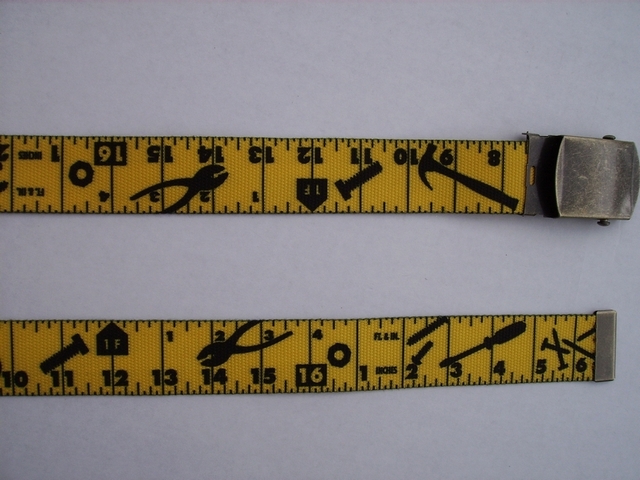 TAPE MEASURE - High Quality U.S. Made Cotton/Polyester Non-Stretching Material with Solid Belt Buckle. These will fit all size waists from 8" up to 48" by un-clamping Buckle and cutting off extra material on non-metal end. Then just re-clamp Material. BELT-UA450N48TMYE