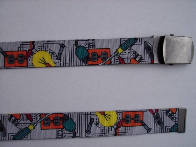 ELECTRICIAN - High Quality U.S. Made Cotton/Polyester Non-Stretching Material with Solid Belt Buckle. These will fit all size waists from 8" up to 48" by un-clamping Buckle and cutting off extra material on non-metal end. Then just re-clamp Material. BELT-UA220N48EL#1
