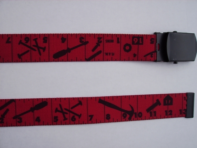 TAPE MEASURE Red with Black. - High Quality U.S. Made Cotton/Polyester Non-Stretching Material with Solid Belt Buckle. These will fit all size waists from 8" up to 48" by un-clamping Buckle and cutting off extra material on non-metal end. Then just re-clamp Material. BELT-UA250N48TMRE