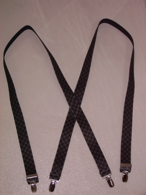 CHECKERS OLIVE ON BLACK "X" Style 1" wide x 25" long. Entirely Stretchable Suspenders, to fit Toddlers, 9 to 24 months old or 20" to 38" tall. Has 4 Strong 1/2"x 1" CHROME CLIPS with Nylon Teeth and has 2 adjusters in front.  UC260N25CKOD