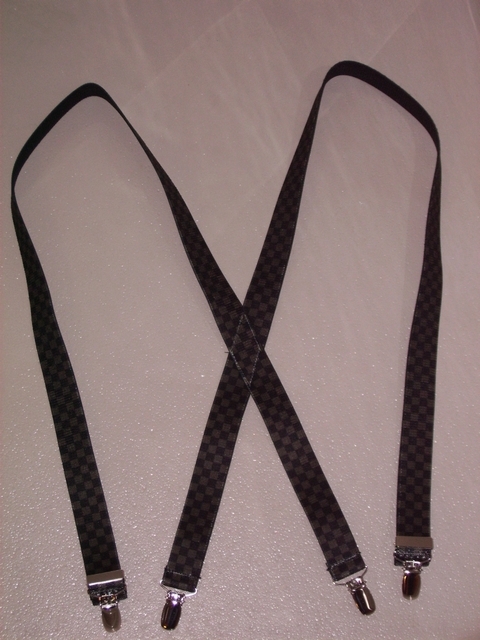 CHECKERS OLIVE ON BLACK "X" Style 1" wide x 25" long. Entirely Stretchable Suspenders, to fit Toddlers, 9 to 24 months old or 20" to 38" tall. Has 4 Strong 1/2"x 1" CHROME CLIPS with Nylon Teeth and has 2 adjusters in front. UC260N25CKOD