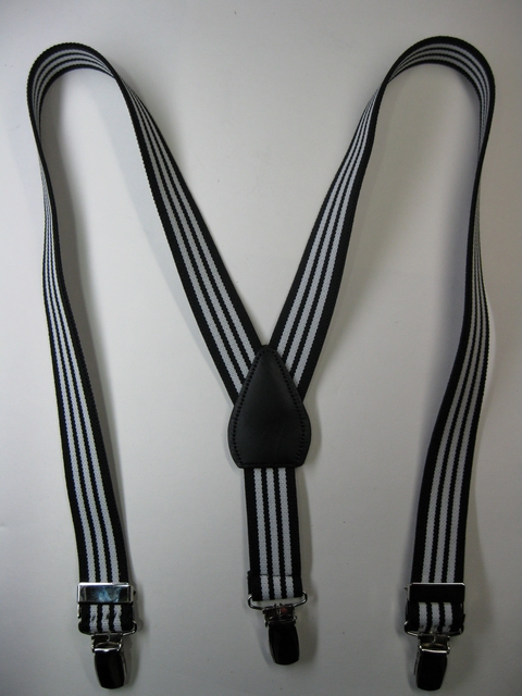 BLACK, WHITE, BLACK"Y" Style 1" wide x 30" long. Entirely Stretchable Suspenders With Real Leather Patch, to fit Children 2 to 5 yrs old - adjusts for 2' 9" to 3' 8" Child's Height. Has 3 Strong 1/2"x 1" High Polished CHROME CLIPS with Nylon Teeth and has 2 adjusters in front. PC460N30BWB