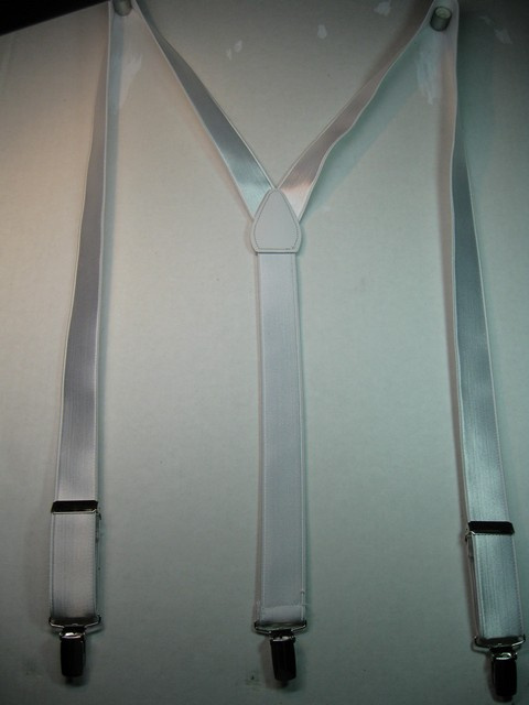 WHITE "Y" Style 1 1/8" X 36" FRENCH SATIN FINISH. FANCY OCCASION DRESSUP Entirely Stretchable Suspenders With Real Leather Patch in the back and Three Secure CHROME  1/2"X1" Grips with Nylon Teeth and Two Strong  Chrome Adjusters  in front.  Fits 3' 9" to 5' 2" Average Build.   SG460N36WHIT