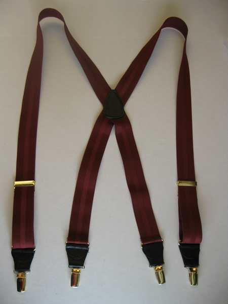 "X"  Style. 1 1/2" wide. Jacquard Series STRIPE design  Assorted SIZES: 42" to 54" long. Fits People 4' 9" to over 6' 8" Tall. Cotton/Polyester Hand Washable-Hang to Dry Material with TWO Secure CHROME ADJUSTERS and Four Strong CHROME Grips with strong gripping Nylon Teeth. Made in USA.  Made in USA.     X-JB400NS-E2A