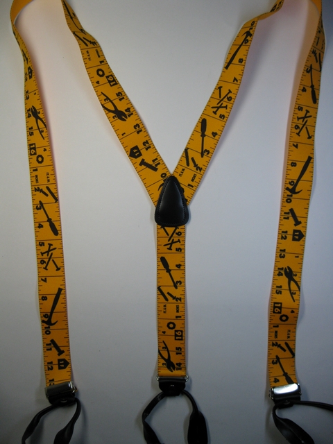 1 1/2" & 2" wide. "Y" Style. Button-On. Assorted SIZES from 5' 1" to 7' 4" Height. (42" to 60" long Straps) Cotton/Polyester, hand washable-hang to dry Suspenders with Straps that are stretchable for entire length of the material with 3 Genuine Leather ends and 2 CHROME Adjusters. TAPE MEASURE Yellow Background with Black Markings. Y-PA/B130N-TMYE