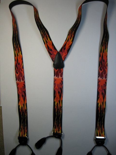 FLAMES RED, ORANGE AND YELLOW Button On. 2"x 48" "Y" STYLE LEATHER ENDS SUSPENDERS. UA130N48FLRD