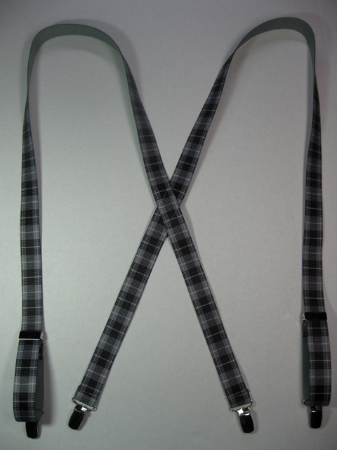GREY PLAID PATTERN 1"x 48"   Suspenders with 4 strong 1/2"x 1" Grips with nylon Teeth and 2 Length Adjusters in the front, all in high polish CHROME FINISH.  Entirely Stretchable Hand Washable and Hang to Dry Cotton/Polyester Material.                Entirely Stretchable Cotton/Polyester Material.           UC260N48PGRE