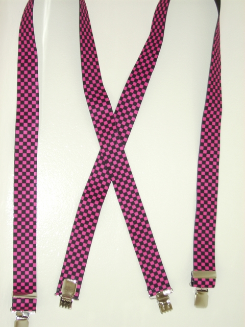1 1/2" or 2" wide. "X" Style. Assorted SIZES from 5' 1" to 6' 2" Height. (42" to 48" long Straps). Cotton/Polyester, hand washable-hang to dry Suspenders with Straps that are Entirely Elasticized for entire length of the material. Has 4 strong gripping Stainless Steel Grips and 2 strong Stainless Steel Adjusters. CHECKERS BLACK AND HOT PINK X-UA/B220N-CKHP