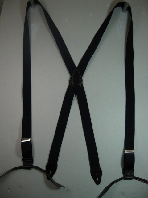 1" Wide "X" Button On Style. Choose From Assorted SIZES For 2' 9" to 6' 2" tall. (Straps 42"- 54" long) All Straps are stretchable Cotton/Polyester Hand Washable-Hang to Dry Material. Suspenders have 4 Genuine Leather Ends,Leather Back Patch and 2 Chrome Length Adjusters. X- PC190N-E2A