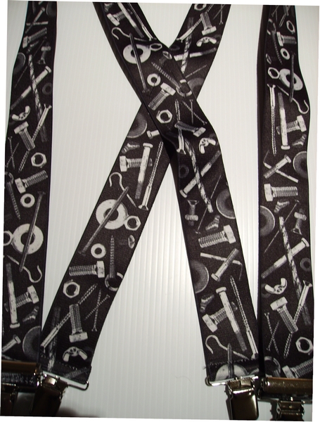 NUTS AND BOLTS, SCREWS, WASHERS 1 1/2"X48" Black Color. Suspenders with 4 strong 1"x 1" Grips and 2 Length Adjusters in the front, all in NICKEL FINISH. Entirely Stretchable Cotton/Polyester Material. Entirely Stretchable Cotton/Polyester Material. UB220N48TMBK