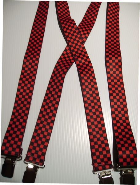1 1/2" & 2” wide. "X" Style. BUTTON-ON. Choose from Assorted SIZES from 5' 1" to 6' 2" Height. (42" to 48" long Straps). Cotton/Polyester, hand washable-hang to dry Suspenders with Straps that are stretchable for entire length of the material with Genuine Leather ends and 2 Chrome Adjusters. CHECKERS BLACK AND RED. X-UA/B220N-CKRE