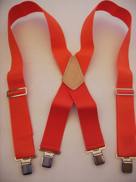 ORANGE (MEDIUM COLOR) CONSTRUCTION BASICS Suspenders 2 inches wide and 48 inches long. Non-Elastic except for the Two Strong Elastic Straps between the X and the Strong Clips. YA450N48ORAN